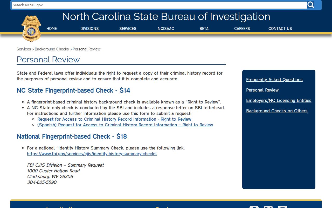 Bertie County criminal history SBI Right to Review instructions