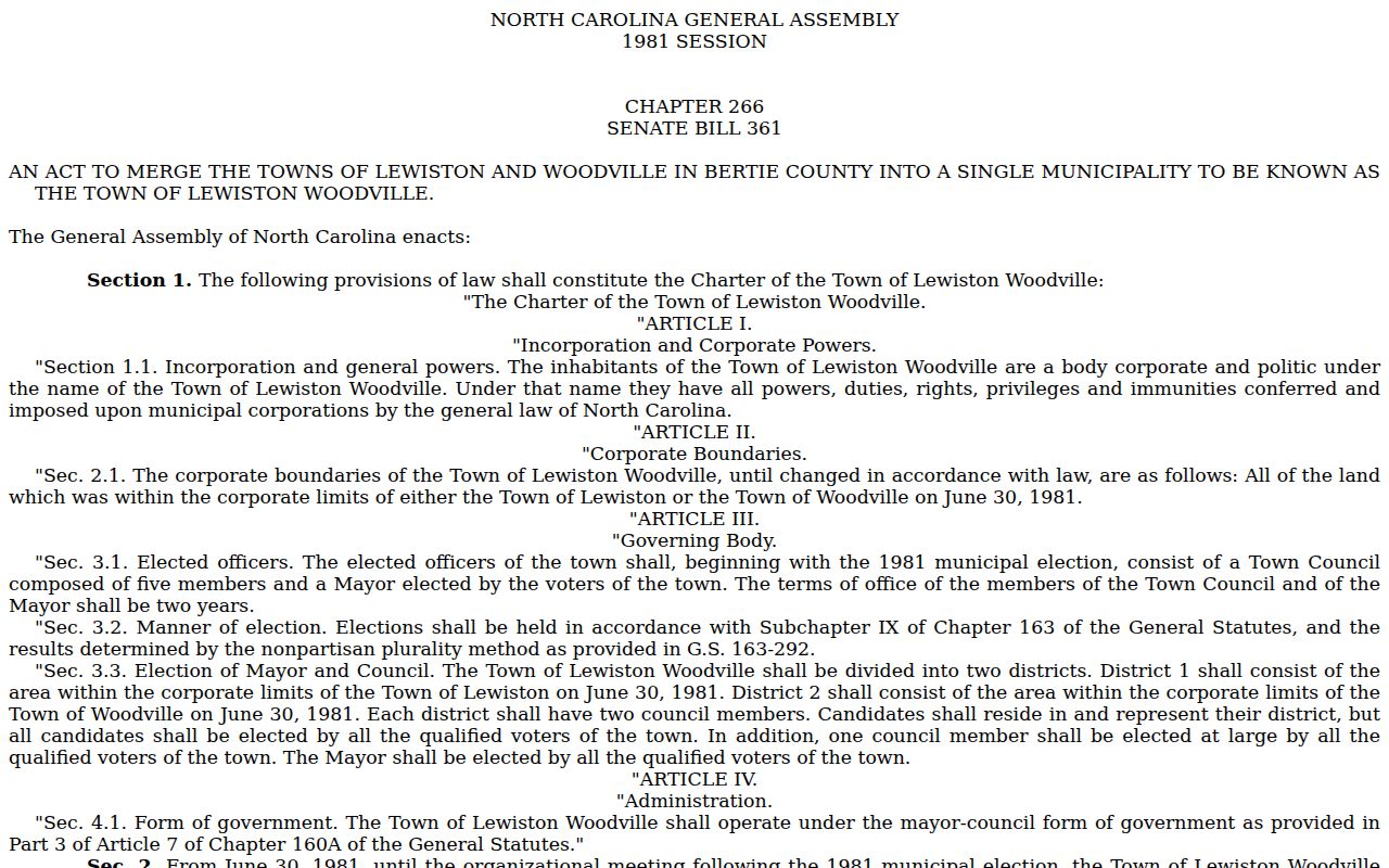 Lewiston-Woodville criminal record history in the 1981 incorporation act